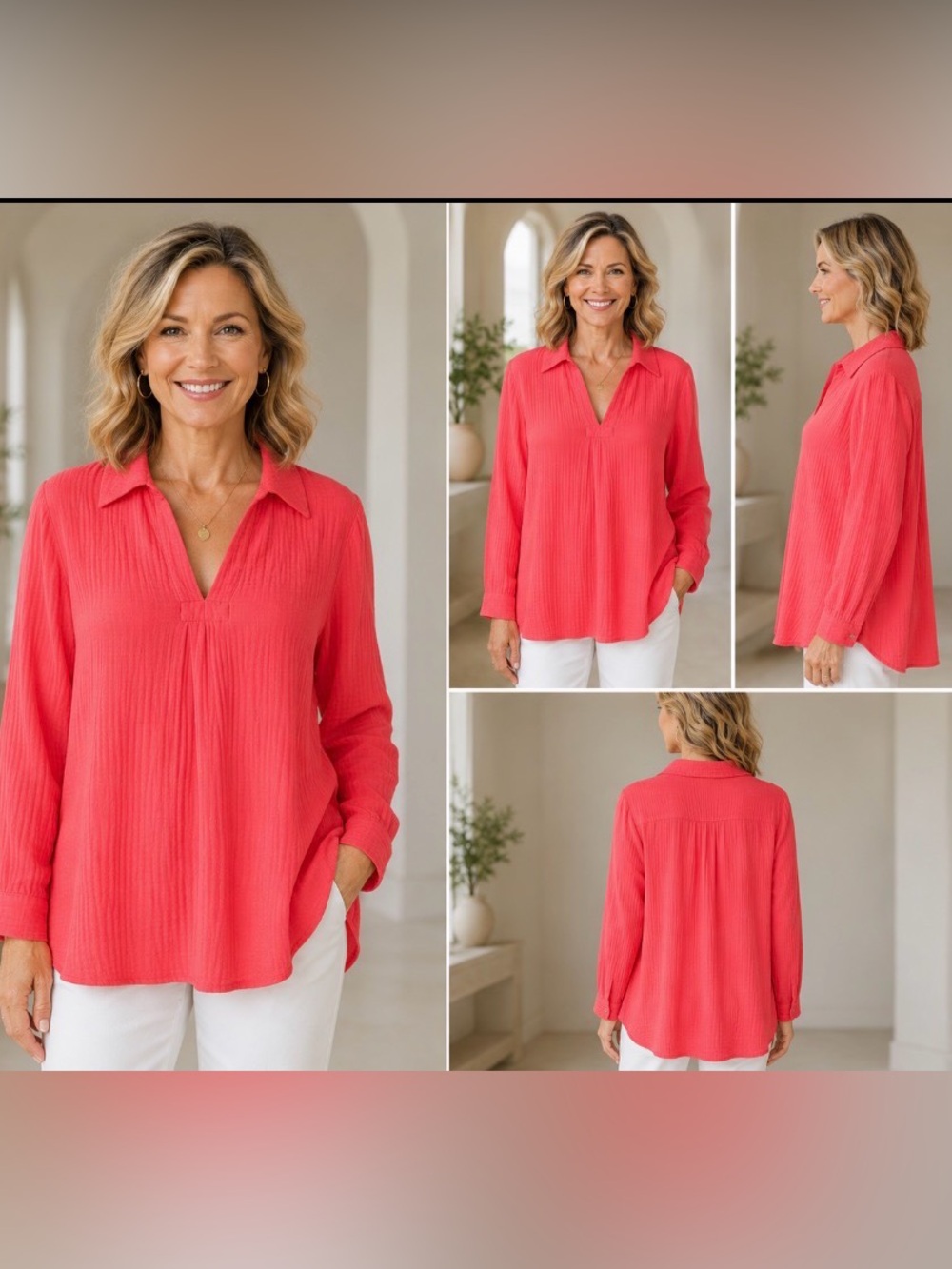 Soft Surroundings Size XLP Pink/Coral Cotton Blend Muslin Tunic Top NEW